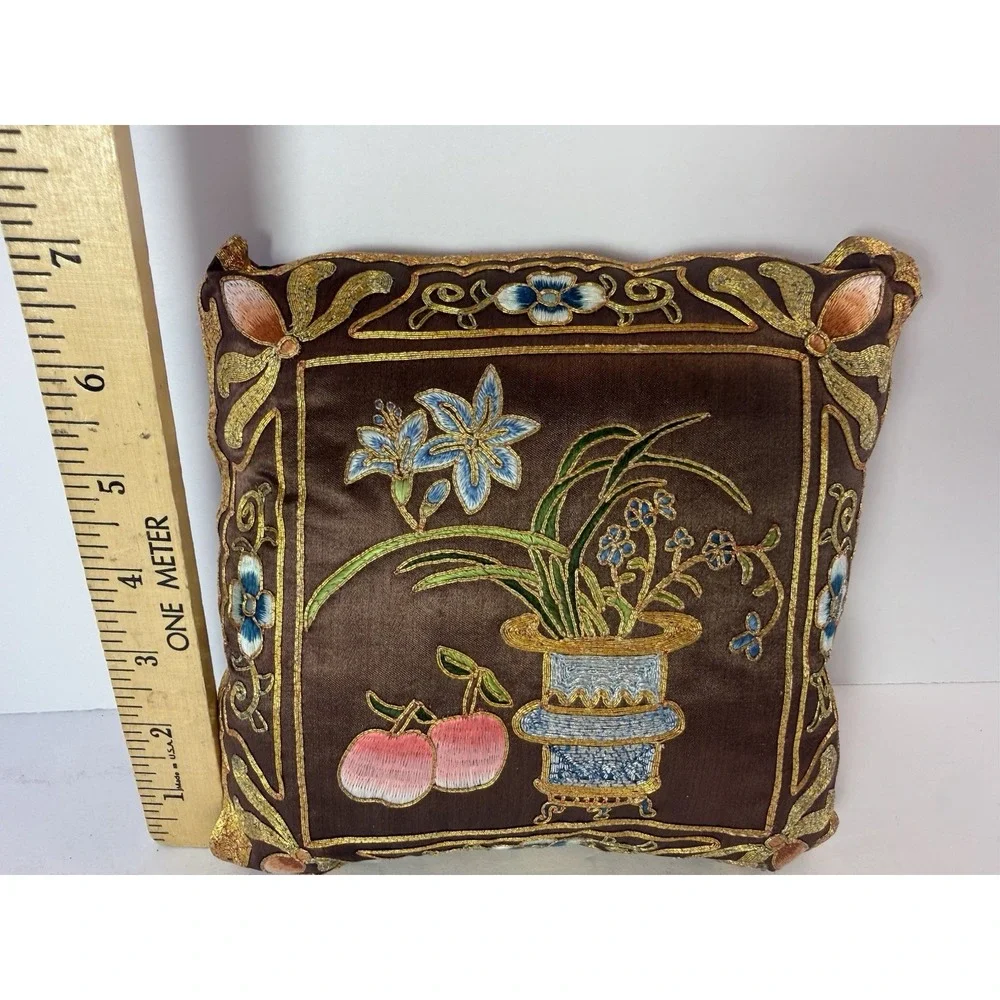Vintage Silk Chinoiserie Pillow Gold Bullion Metallic Embroidered Flower Vase